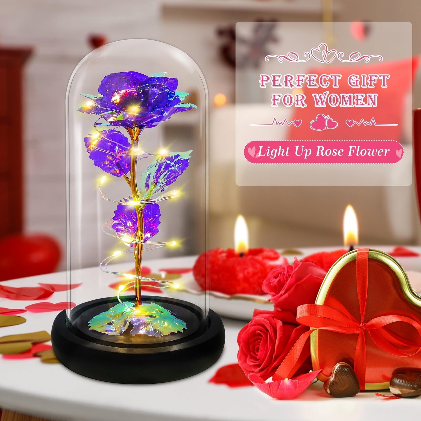 Colourful Purple Light-Up Rose in Glass Dome - Perfect Gift for Women, Mum, Wife, Friend