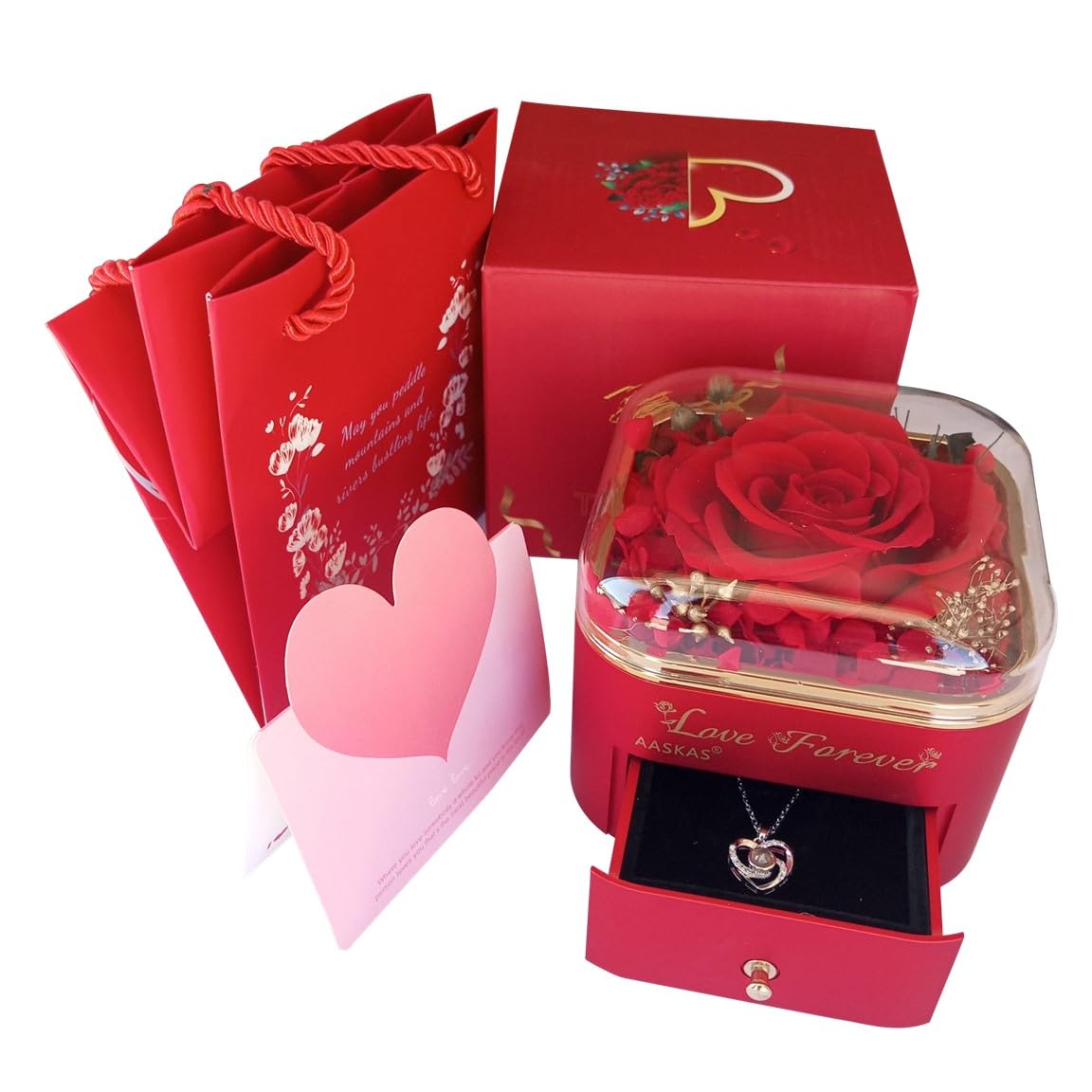 Eternal Red Rose Box & 'I Love You' Necklace | Perfect Gift for Her on Special Occasions