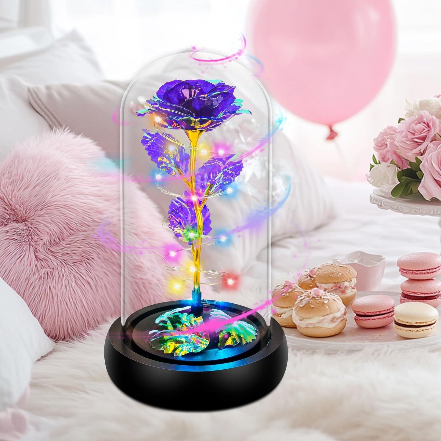 Rotating Colourful Purple LED Rose in Glass Dome - Perfect Gift for Her