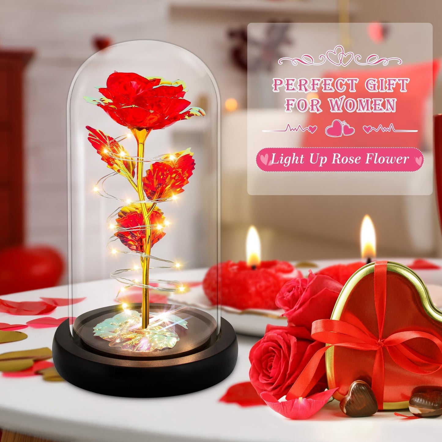 Colourful LED Rose in Glass Dome - Perfect Gift for Women, Mum, Teacher, Wedding & More