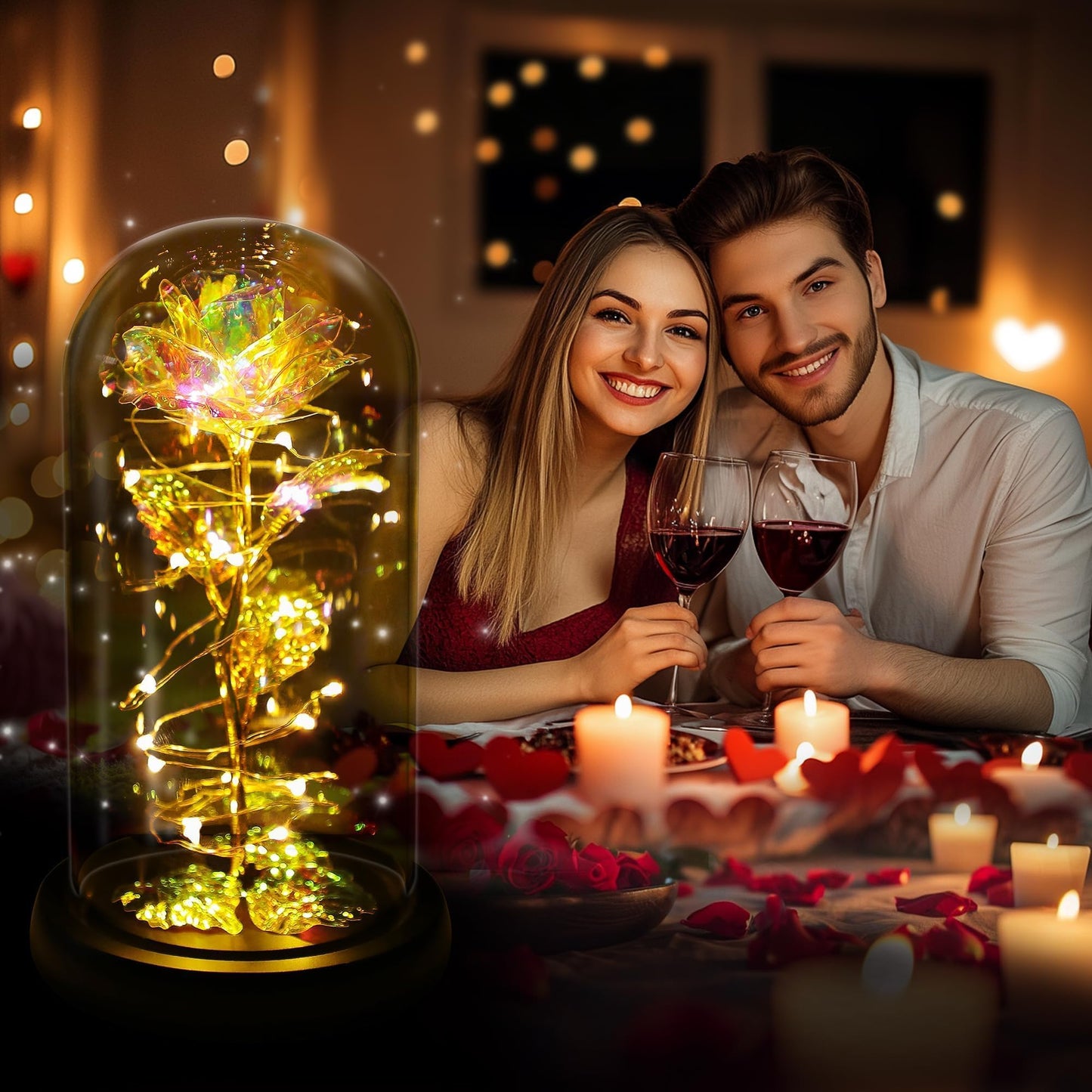 Colourful LED Rainbow Rose in Glass Dome for Women - Perfect Gift for Birthdays, Weddings & More