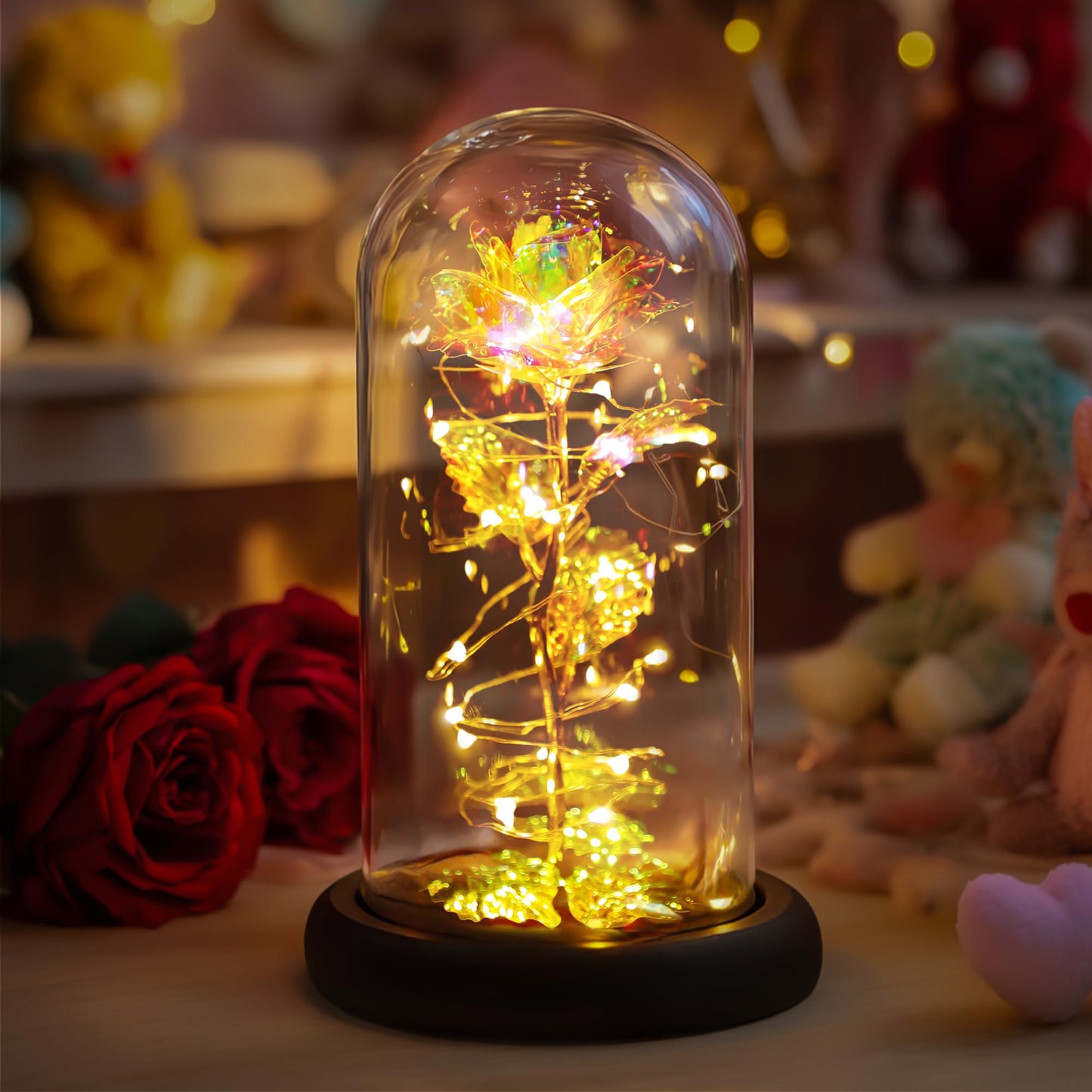 Colourful LED Rainbow Rose in Glass Dome for Women - Perfect Gift for Birthdays, Weddings & More