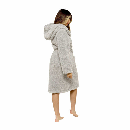 Ultra-Soft Women's Grey Hooded Teddy Fleece Bath Robe Perfect for Lounging and Post-Shower Comfort Available in Sizes Small to X Large by Daisy Dreamer