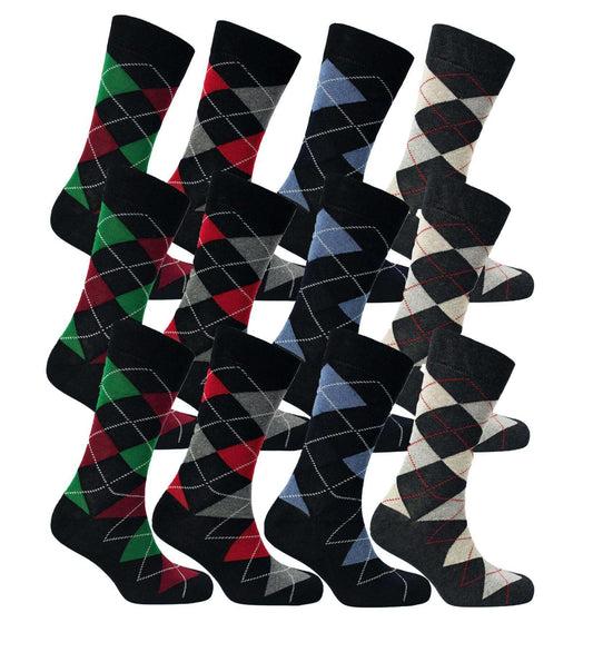 12 Pairs Men's Colourful Heel Toe Black Argyle Diamond Socks Comfort Fit Cotton Rich Durable Work Sock Ultra-Smooth Flat Toe Seam Comfortable School Business Wear UK 6-11 by Sock Stack