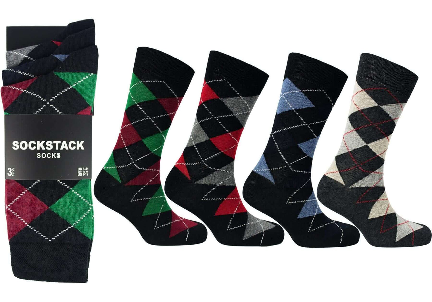 12 Pairs Men's Colourful Heel Toe Black Argyle Diamond Socks Comfort Fit Cotton Rich Durable Work Sock Ultra-Smooth Flat Toe Seam Comfortable School Business Wear UK 6-11 by Sock Stack