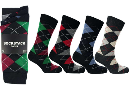 12 Pairs Men's Colourful Heel Toe Black Argyle Diamond Socks Comfort Fit Cotton Rich Durable Work Sock Ultra-Smooth Flat Toe Seam Comfortable School Business Wear UK 6-11 by Sock Stack