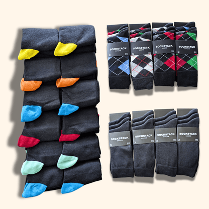 12 Pairs Men's Soft Cotton Colourful Heel Toe Black Argyle Diamond Easycare Comfortable Shoe Socks Flat Toe Seam Durable Work School Business Wear UK 6-11 by Sock Stack