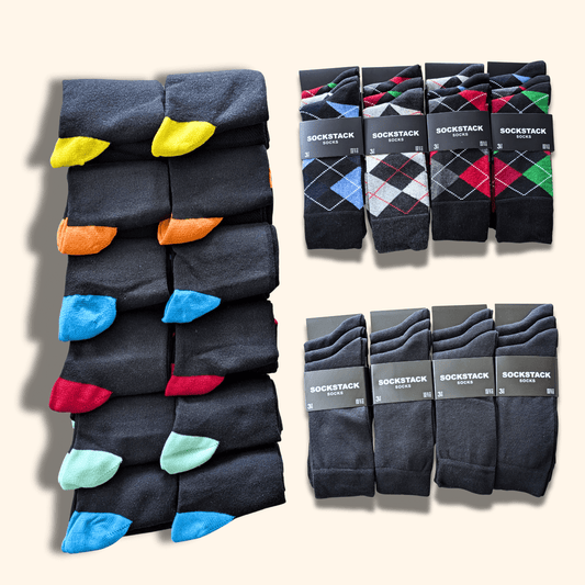 12 Pairs Men's Soft Cotton Colourful Heel Toe Black Argyle Diamond Easycare Comfortable Shoe Socks Flat Toe Seam Durable Work School Business Wear UK 6-11 by Sock Stack