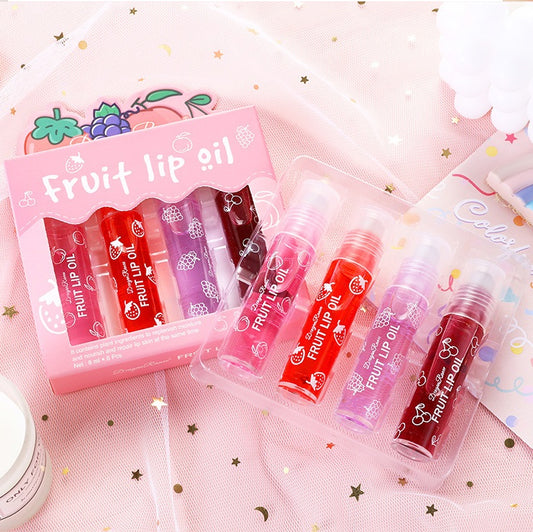 Dragon Ranee 4pcs Cute Roll-On Fruit Lip Oil Gift Set