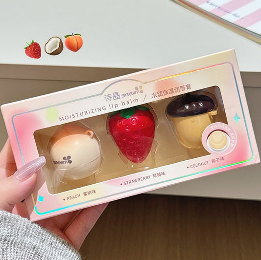 ShiJing 3pcs Fruity Lip Balm Gift Set (Peach, Strawberry & Coconut)