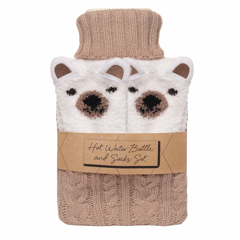 1 Litre Hot Water Bottle & Socks Gift Set Bear Design