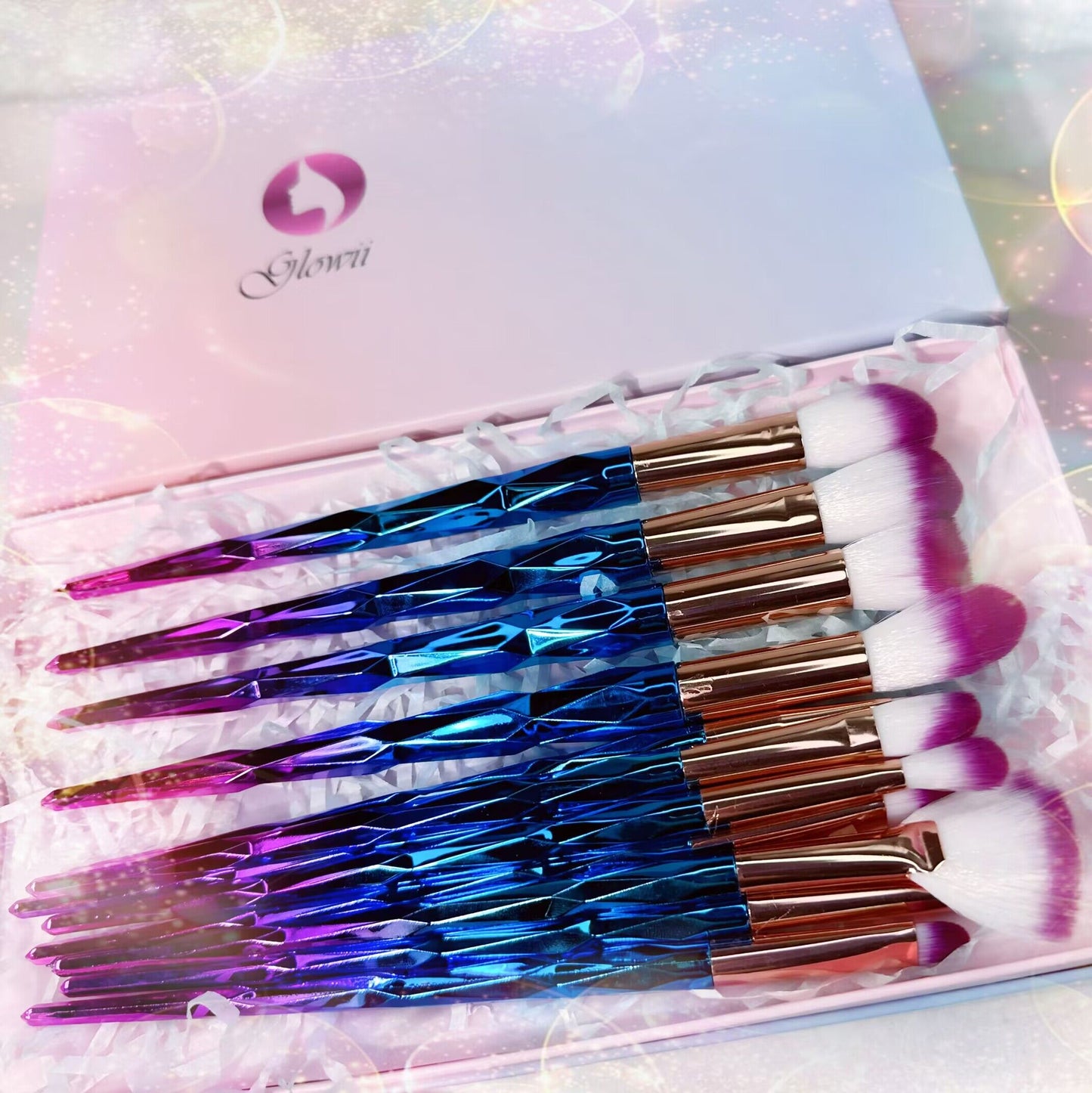 Glowii 12pcs Unicorn Diamond Purple Hair Makeup Brush Set + Gift Box