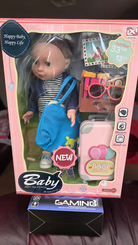 7131-1 Baby Doll With Suitcase, Glasses & Handbag